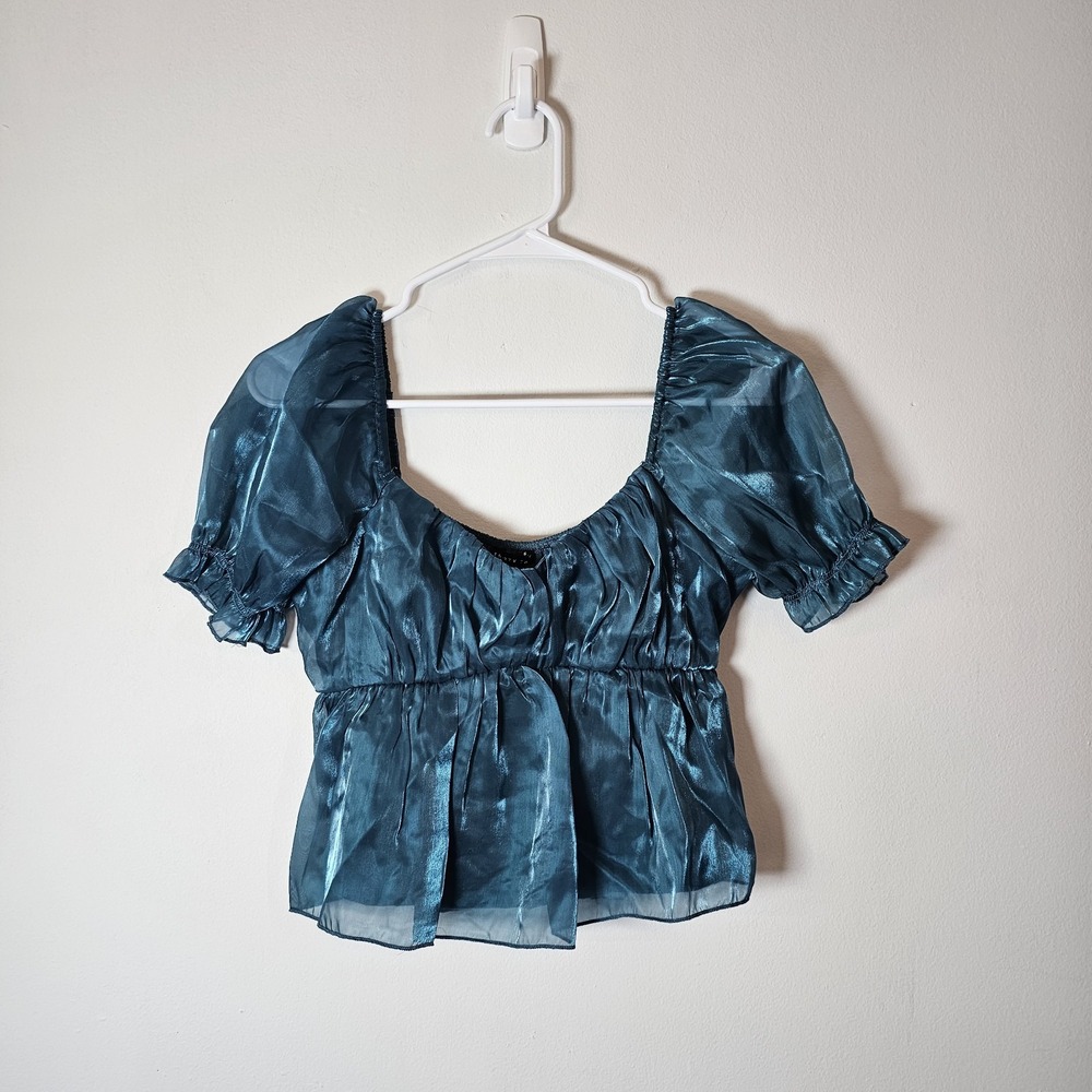 NWT Thirty Thirty Womens Small Teal Blue Puff Sleeve Cropped Blouse Shimmer
